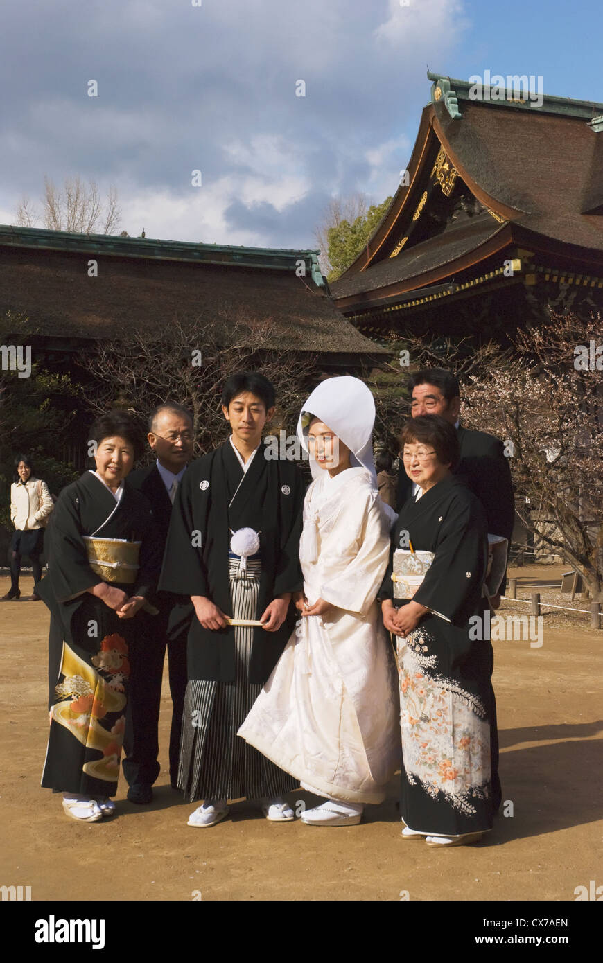 Traditional Japanese Wedding In Front Of Zen Temple; Kyoto, Japan Stock Photo