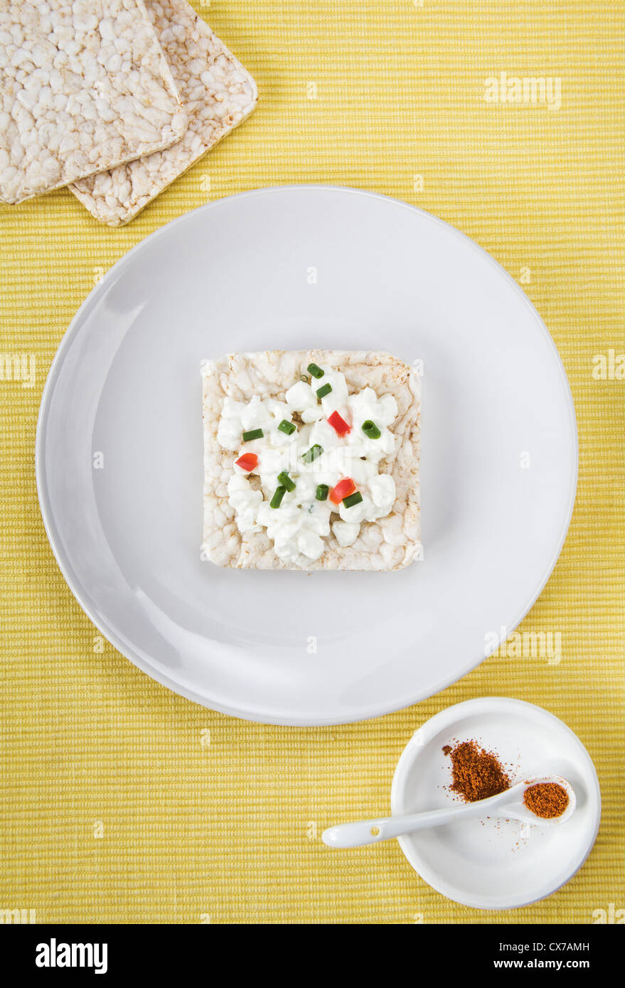 Rice Cake topped with Cottage Cheese Stock Photo