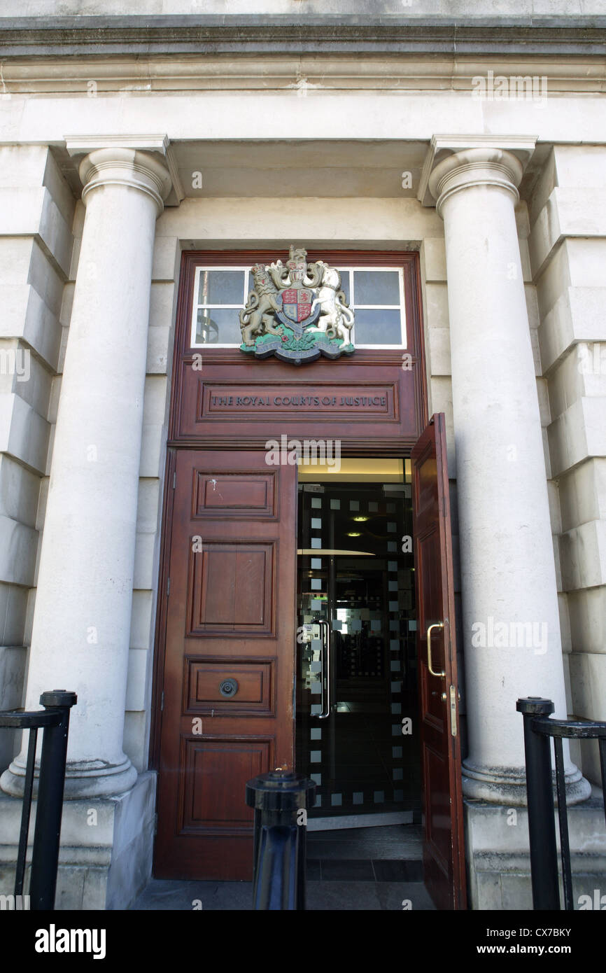Royal Court of Justice Entrance, Royal Court; Tall Wooden Doors, Belfast Coat of Arms Stock Photo