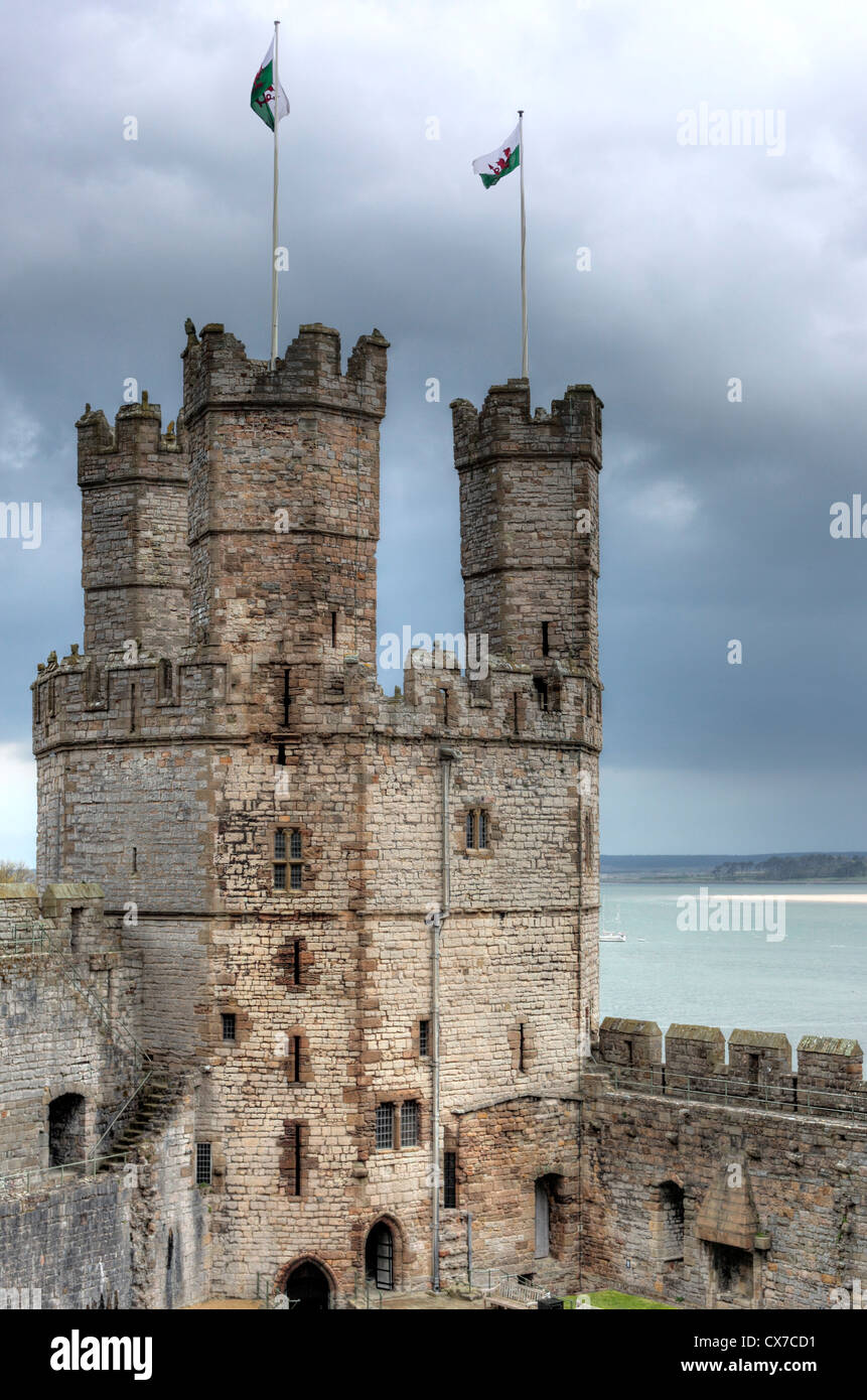 The Eagle Tower, Castle, Caernarfon, Gwynedd, Wales, UK Stock Photo