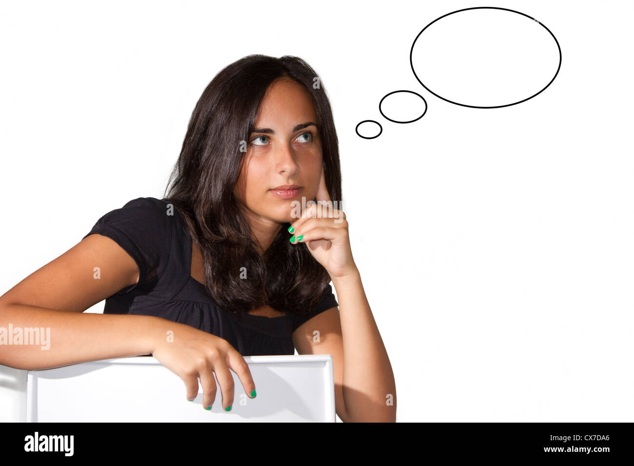 woman sitting on chair in white background Stock Photo - Alamy