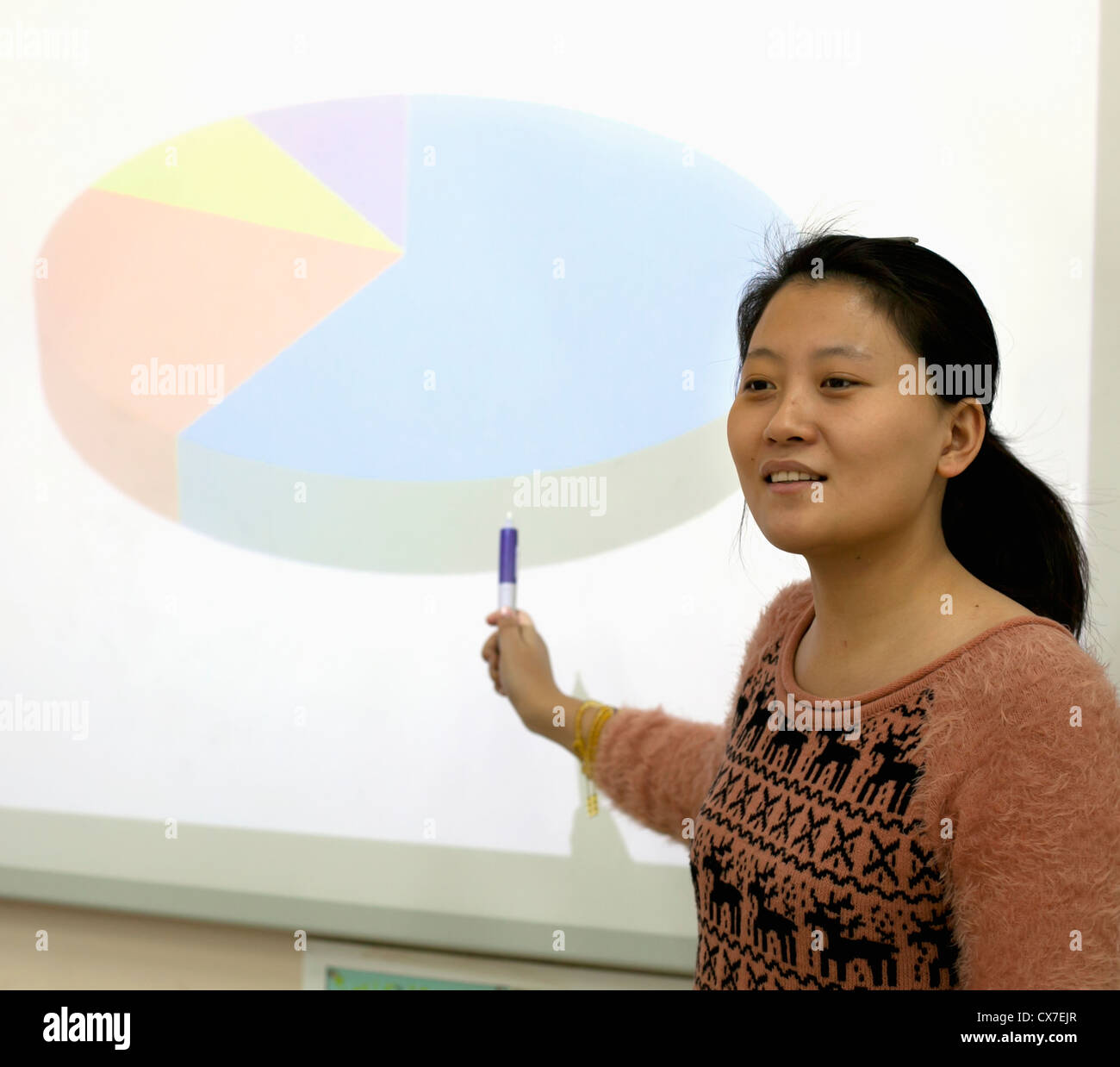 A Woman Doing A Presentation With A Pie Chart; Beijing, China Stock Photo