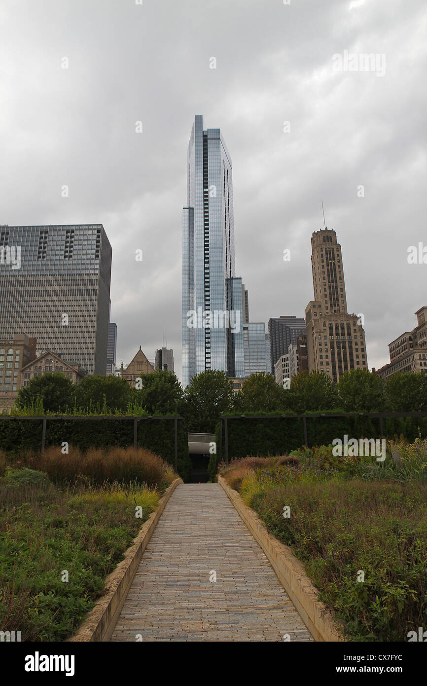 Walkway leading towards a view of skyscrapers under stormy skies in Chicago, Illinois Stock Photo