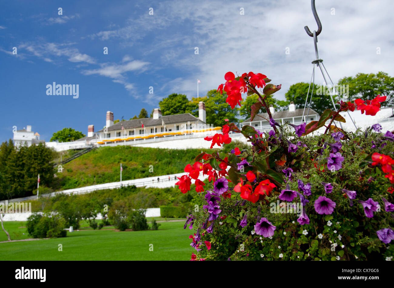 Michigan, Mackinac Island. Park view with Fort Mackinac, founded in