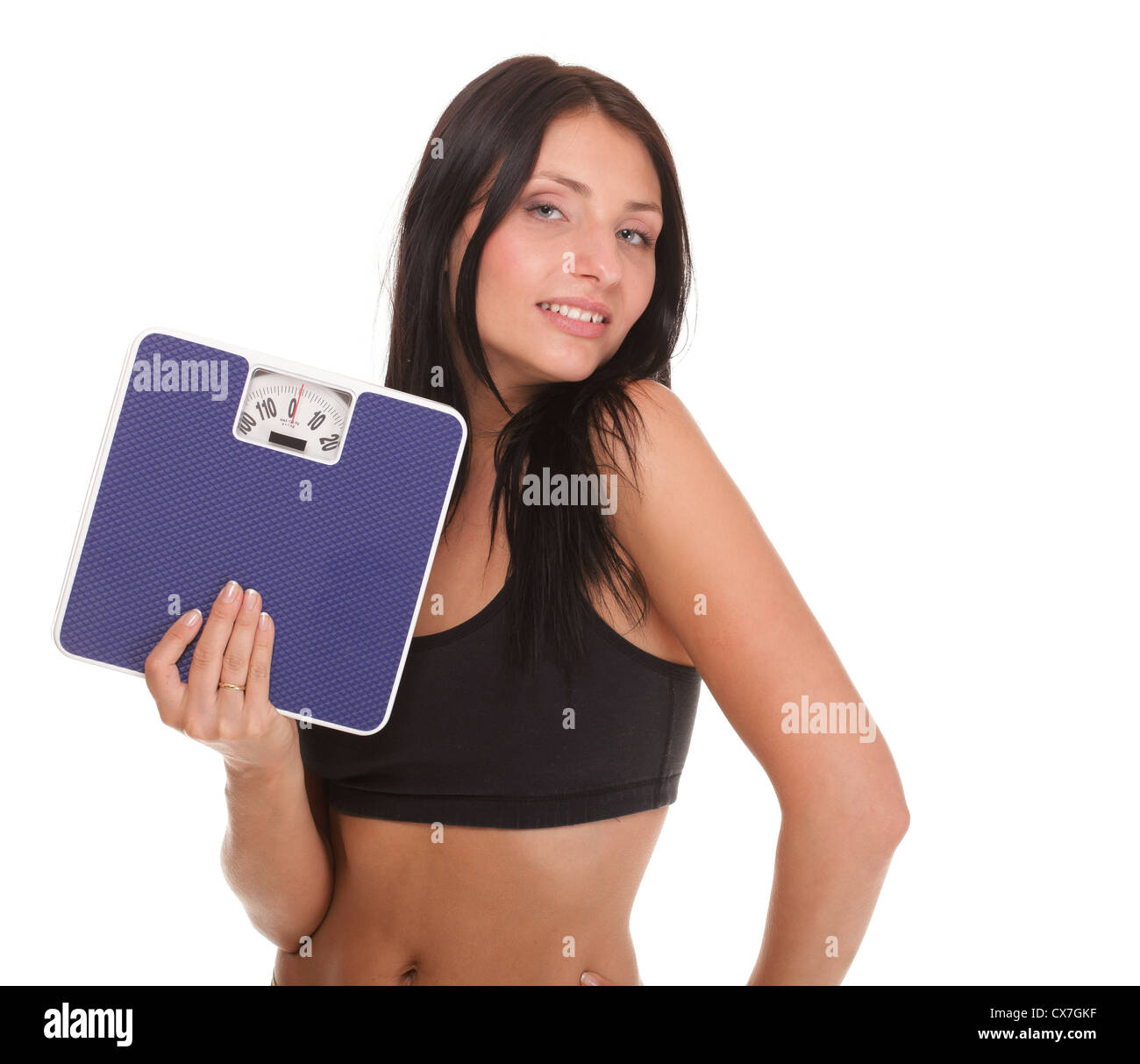 https://c8.alamy.com/comp/CX7GKF/weight-loss-woman-on-scale-happy-scales-over-white-CX7GKF.jpg