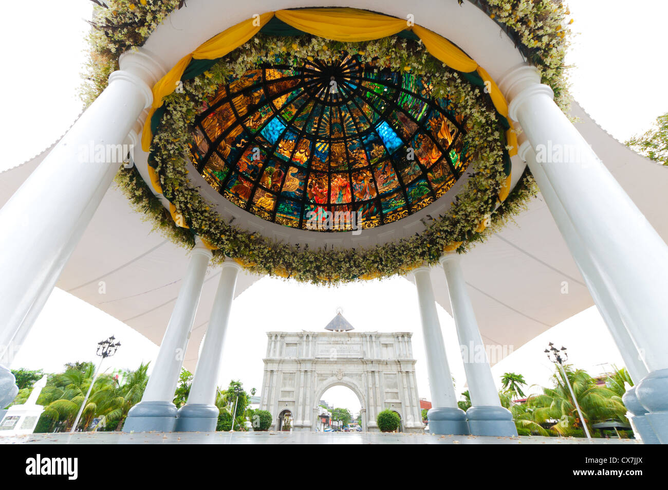 pavilion with stained glass in front of the Naga metropolitan cathedral