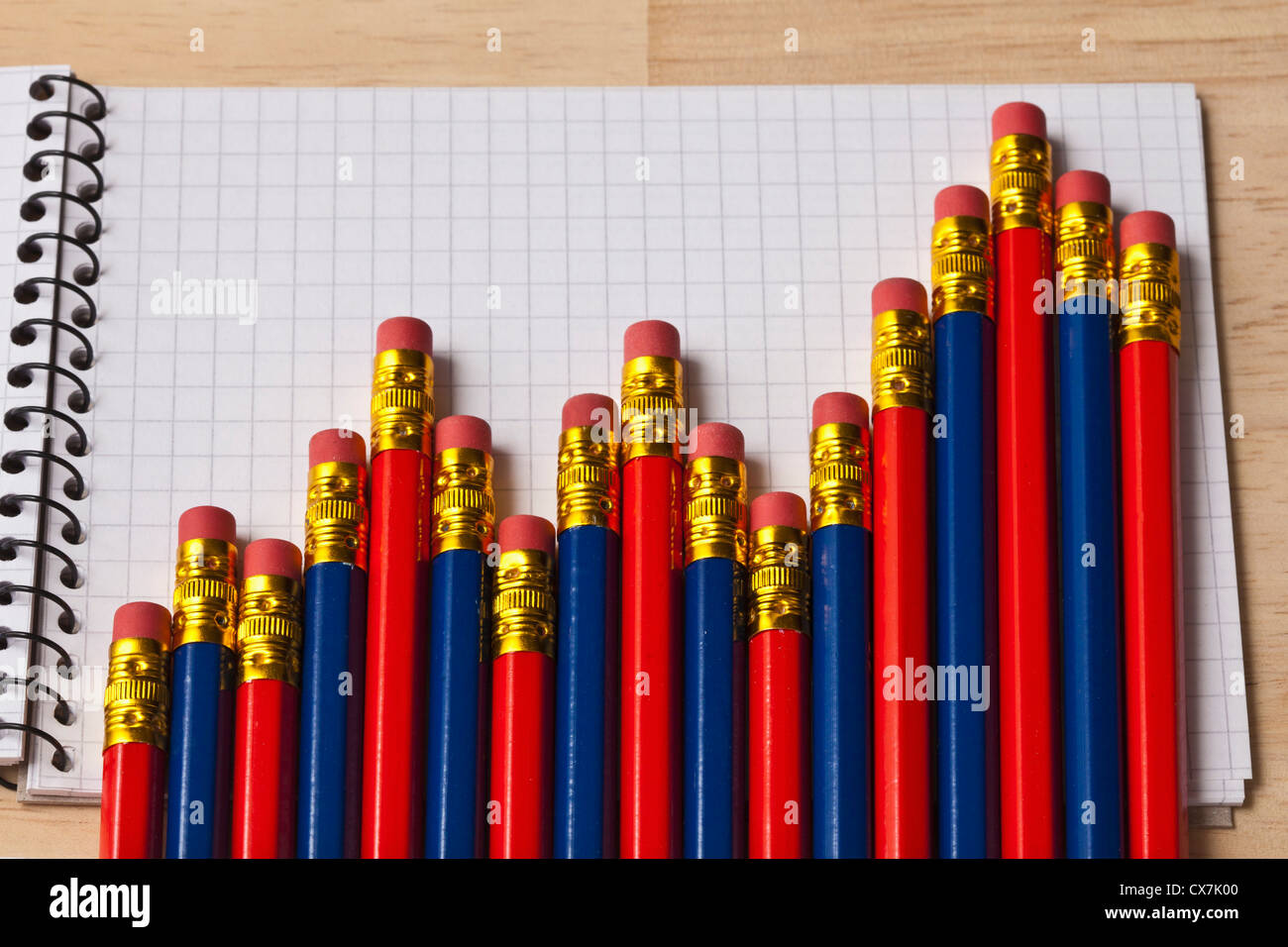 A bar graph made from the eraser end of blue and red pencils Stock Photo