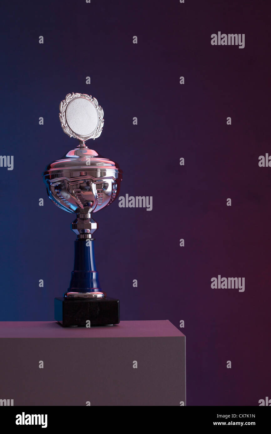A silver trophy with blank plaque surrounded by laurel wreath Stock Photo