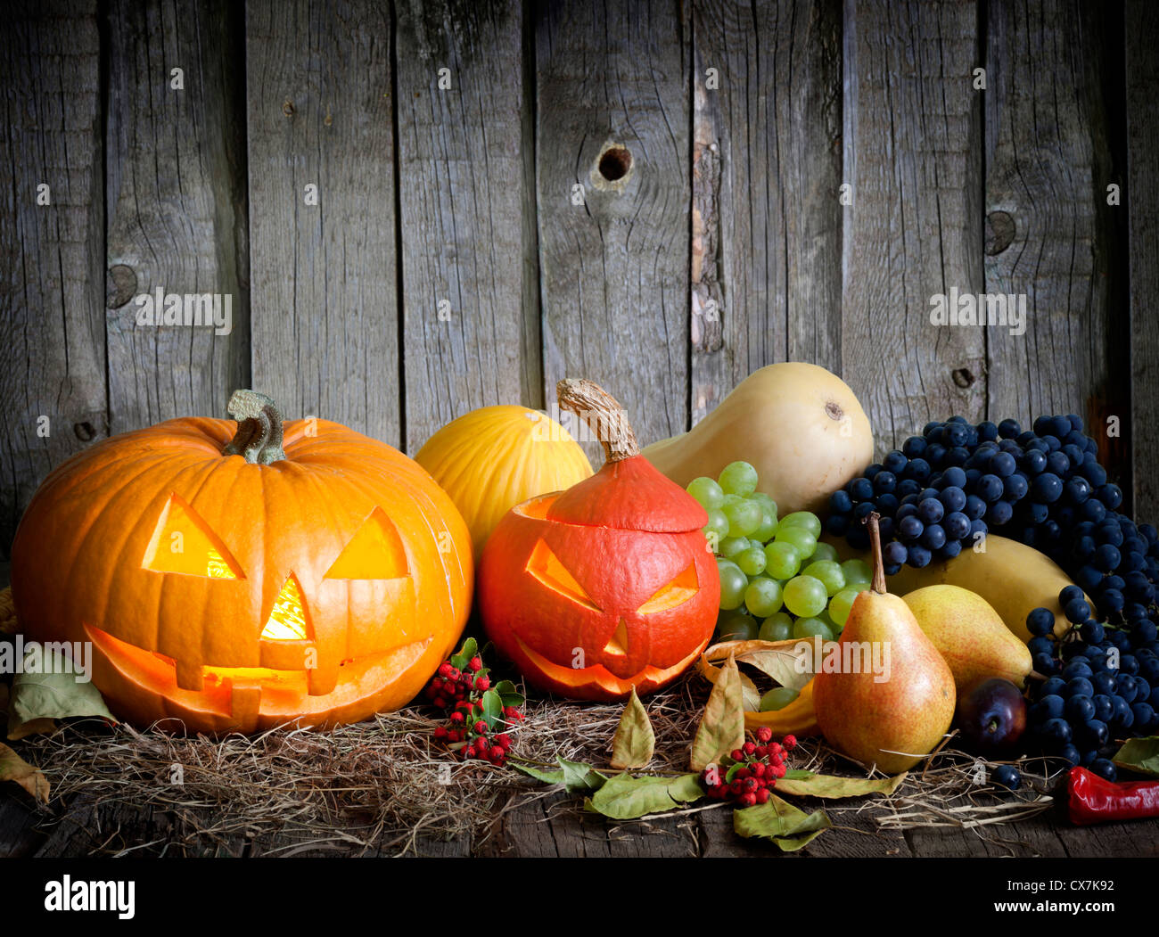Halloween pumpkins fruits and vegetables autumn still life Stock Photo ...