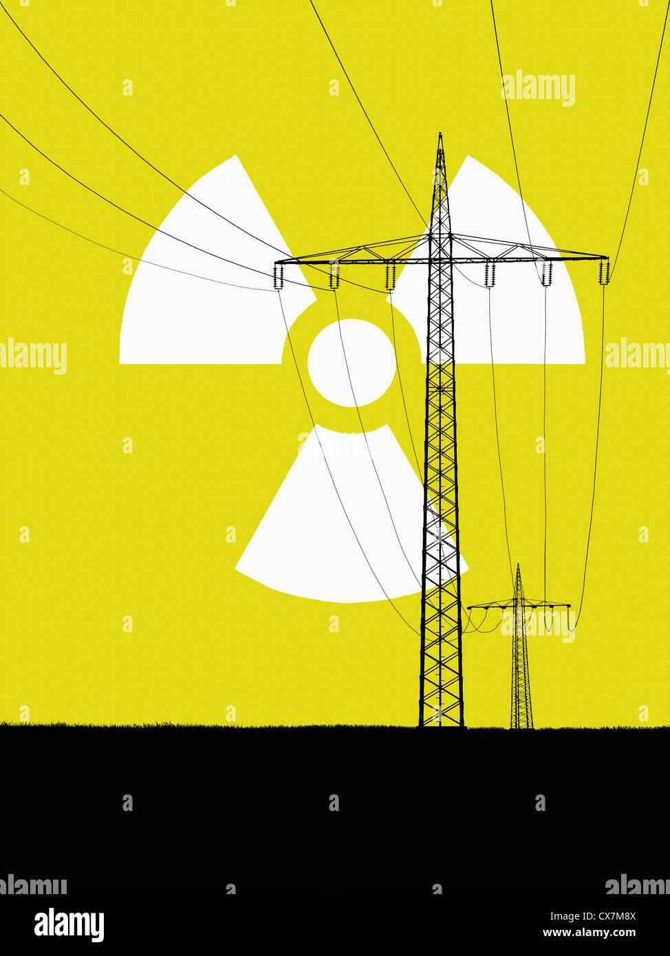 Nuclear power sign in sky with electricity pylons in foreground Stock Photo