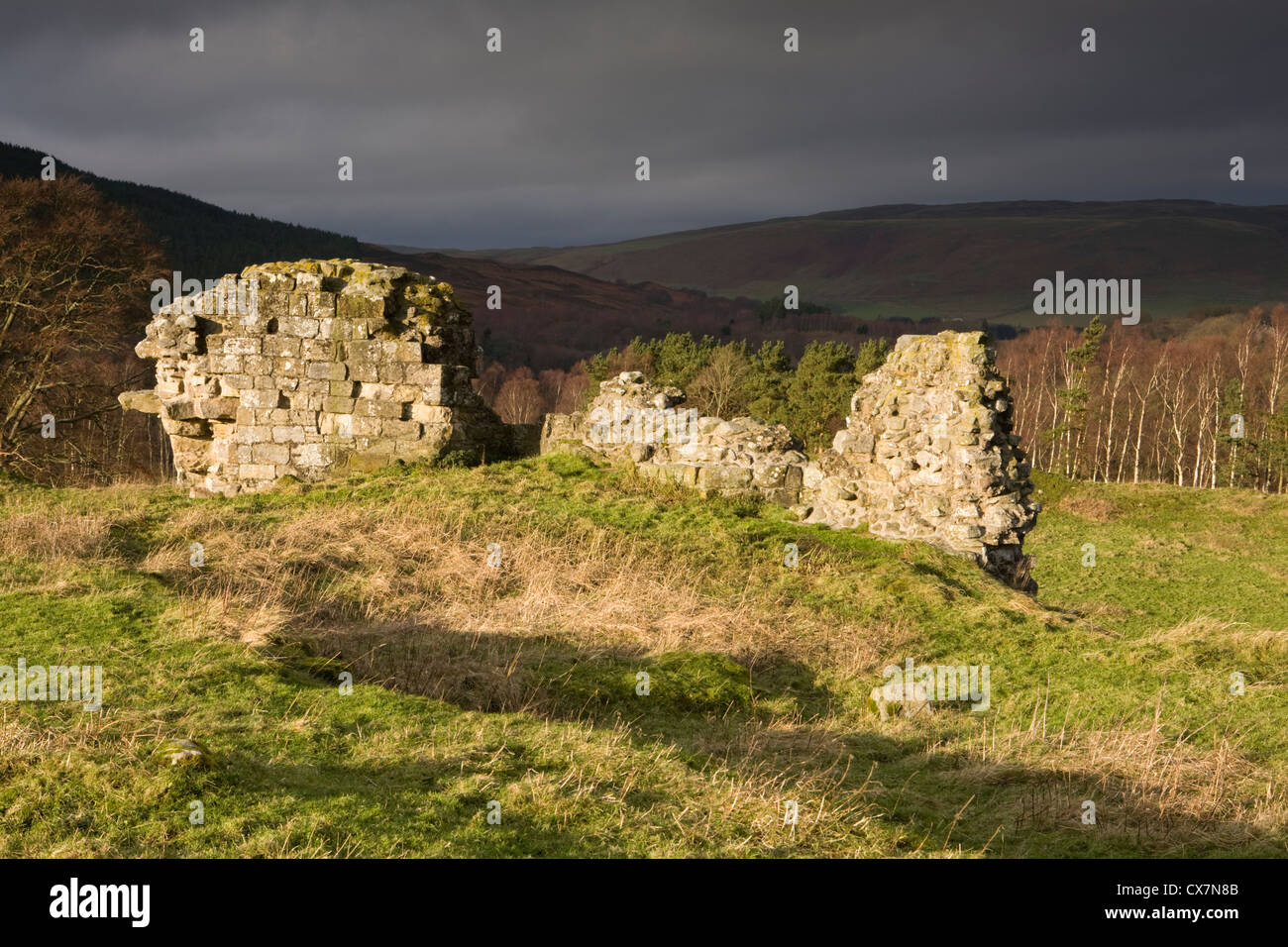 The ruins of the medieval Harbottle Castle in Northumberland National Park, England Stock Photo