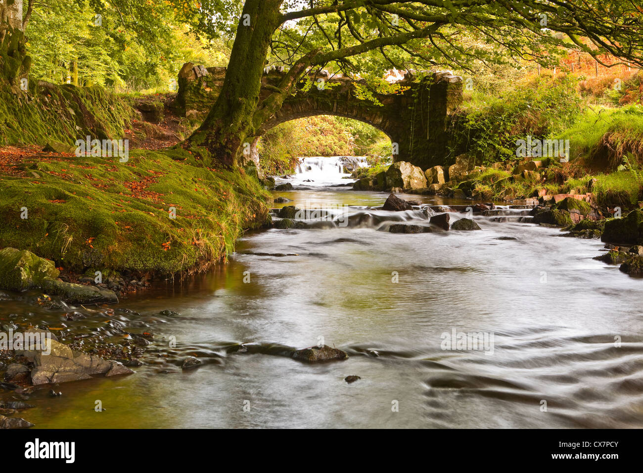 Robbers Bridge near Oareford in the Doone Valley, Exmoor, Somerset, England. Stock Photo