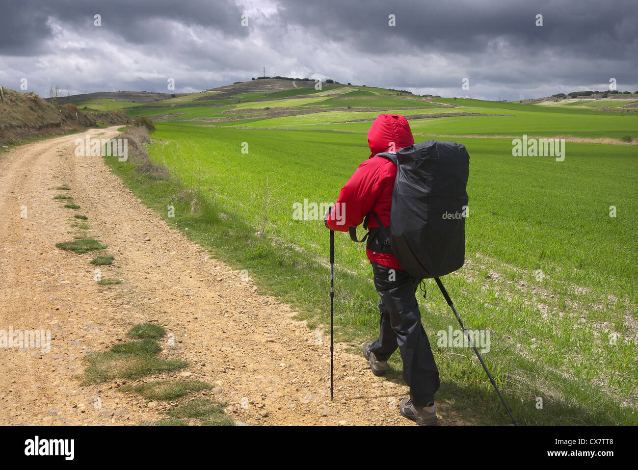 A pilgrim walking the camino to Santiago in Castilla y Leon, Spain near Tardajos. Stock Photo