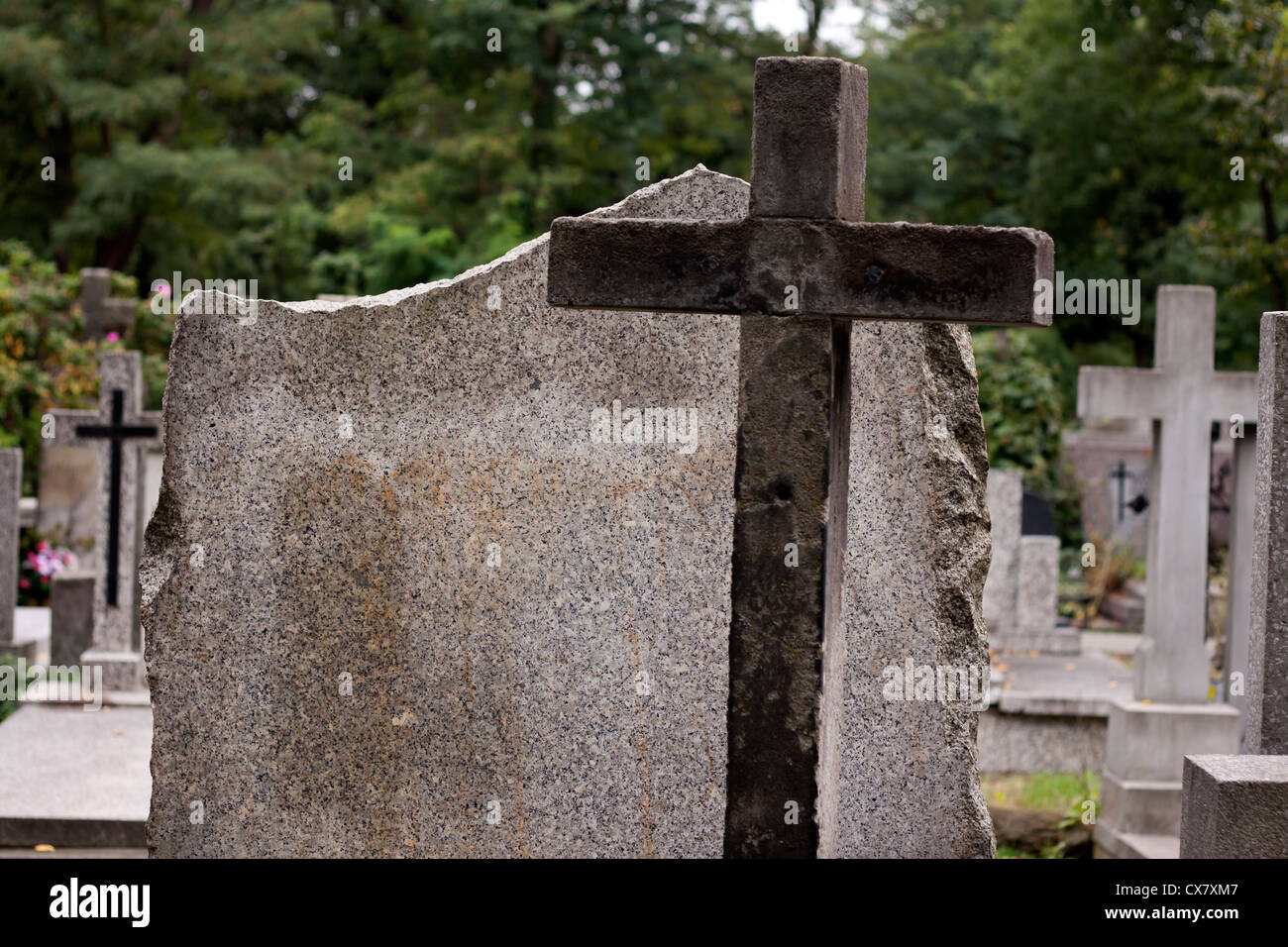 Cross on cemetery and empty tombstone background Stock Photo - Alamy