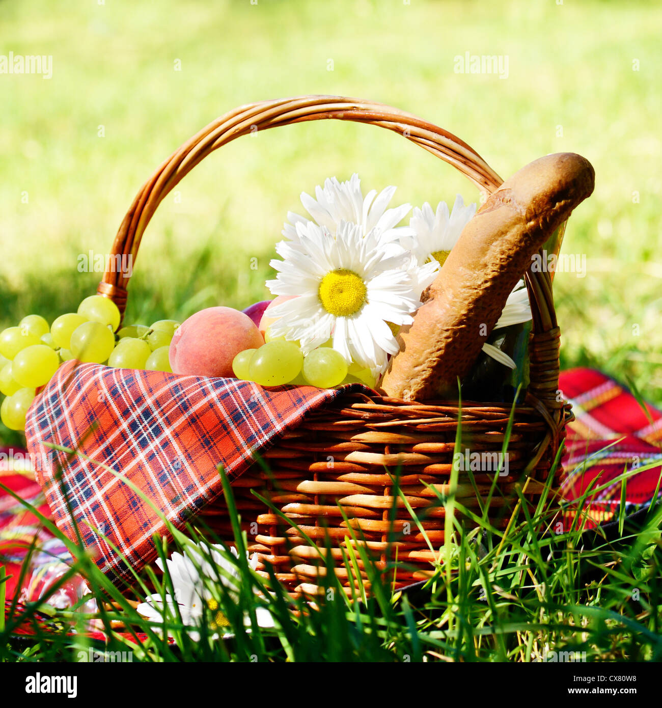 Picnic basket with red napkin fool of fruits, bread and wine Stock ...
