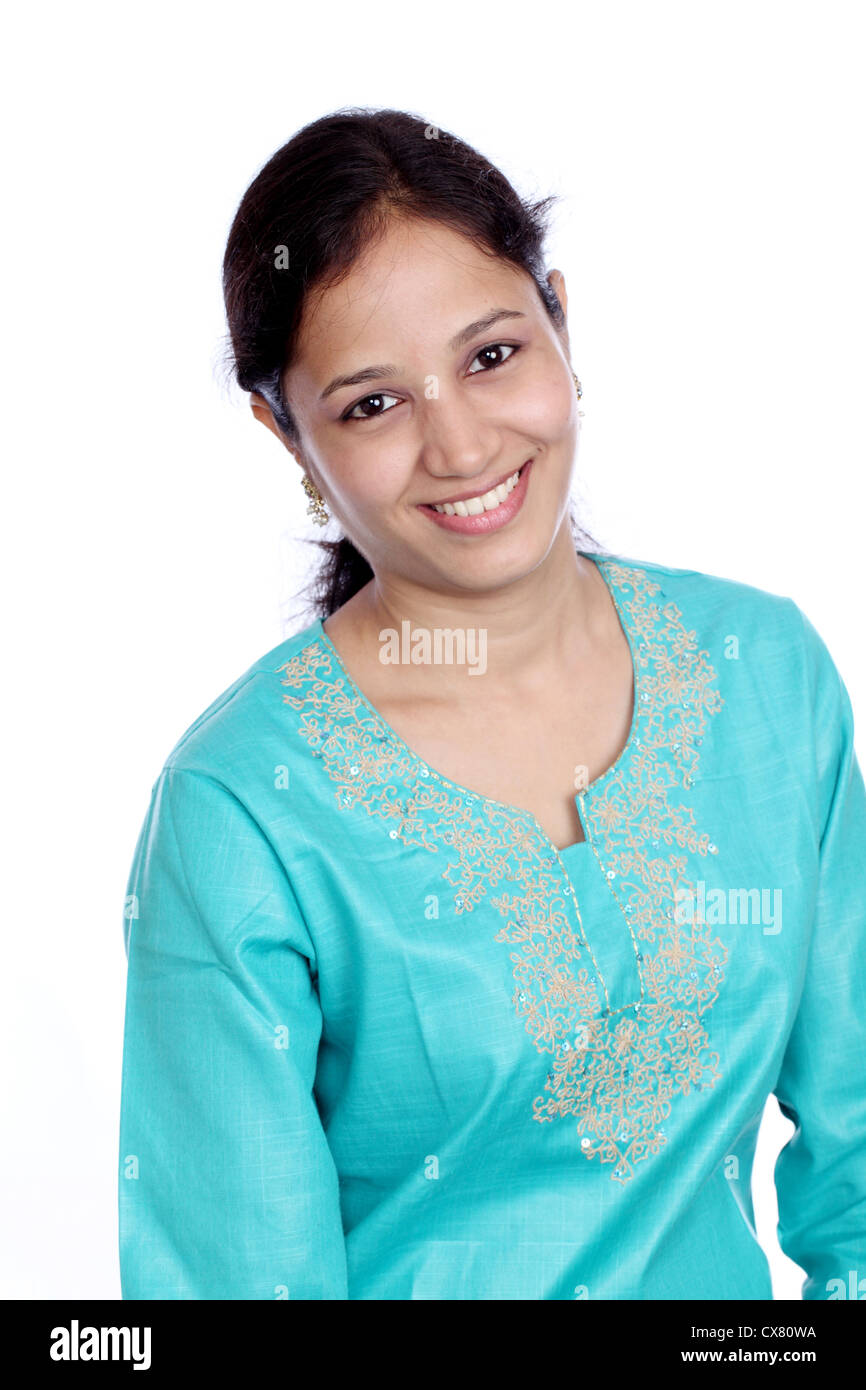 Beautiful young Indian woman against white background Stock Photo
