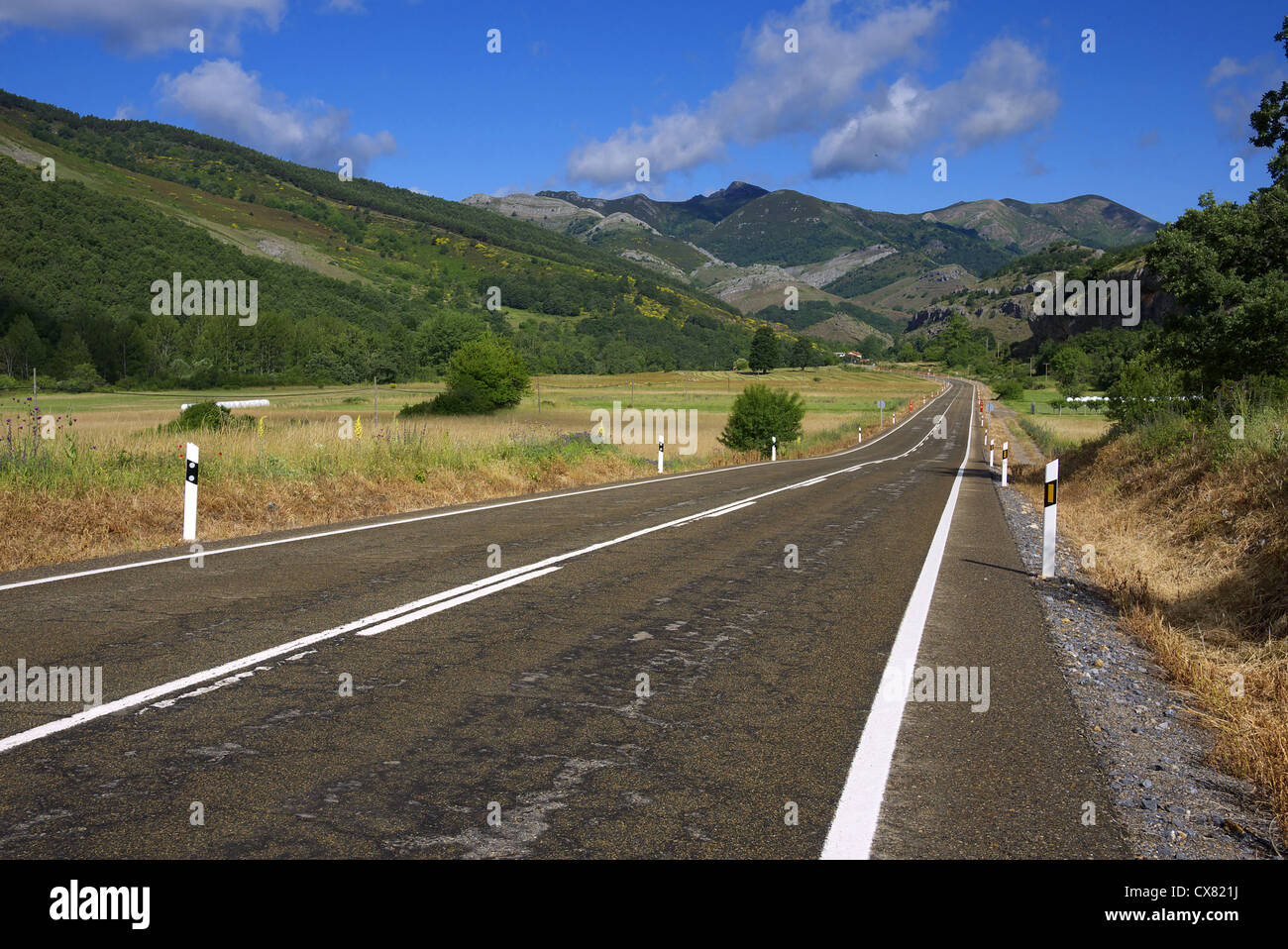 Long straight road near Cistierna in Spain. Stock Photo