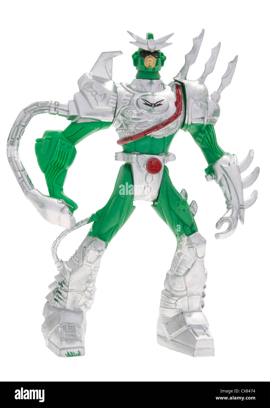 Plastic fantasy robot action figure toy on white background Stock Photo