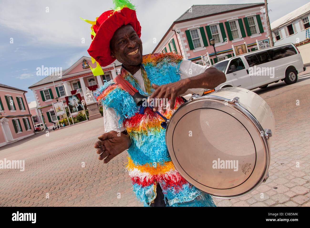 A performer in a Junkanoo costume performs in Parliament Square Nassau, Bahamas. Stock Photo