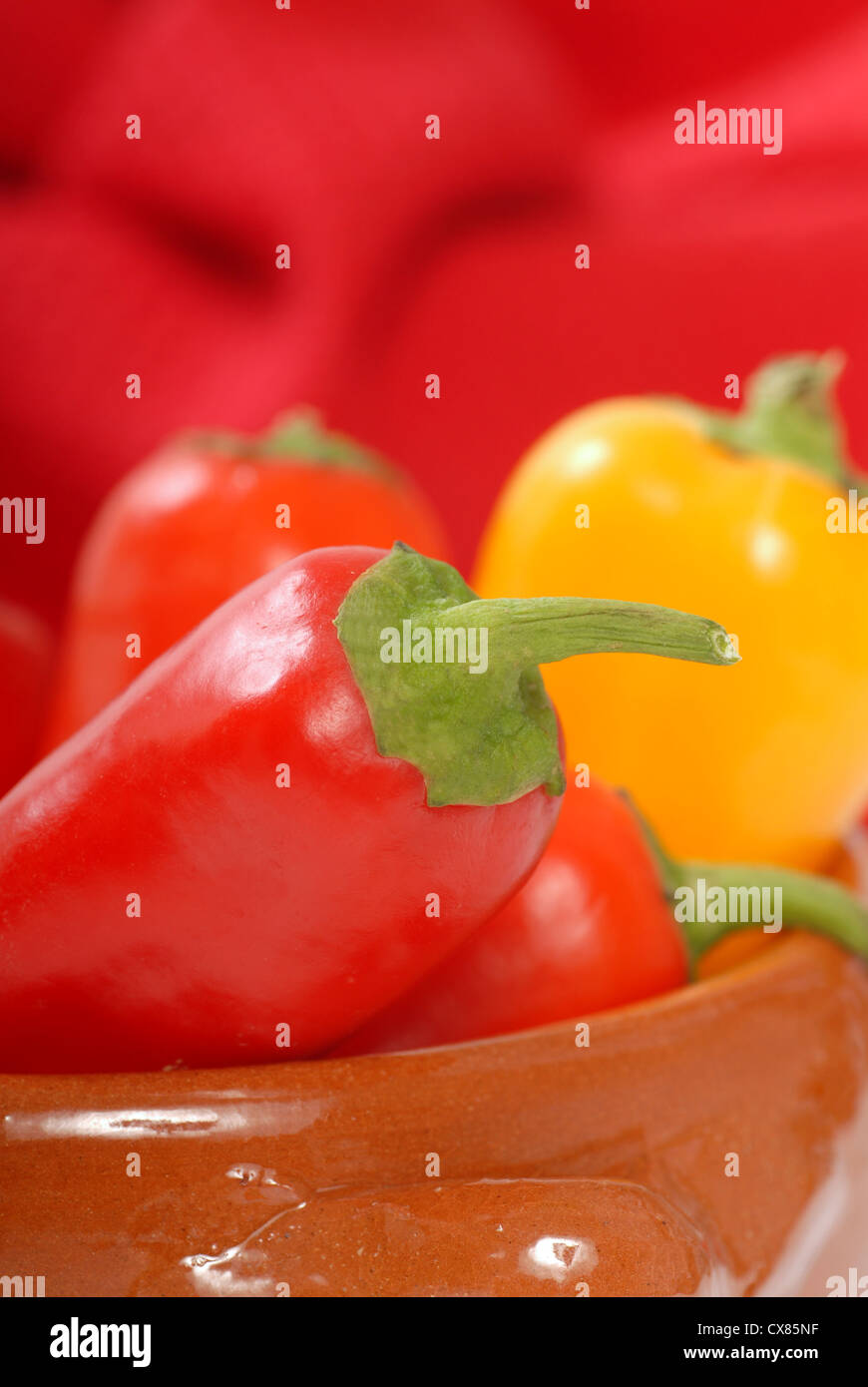 Variety of colorful chili peppers on display in a Spanish Cazuela Stock