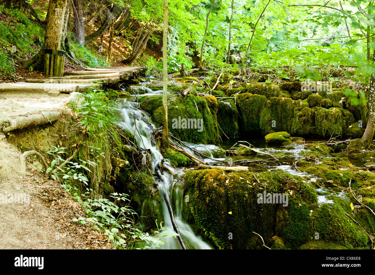 Beauty pleace in Plitvice lakes, small path, rapid water and forest. UNESCO National Park, Croatia. Stock Photo