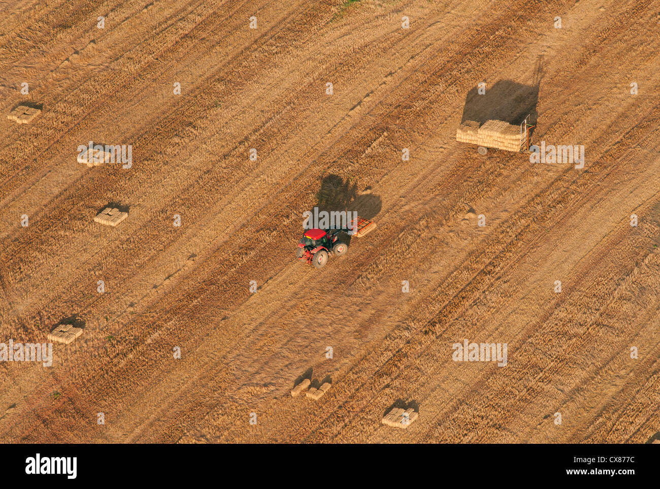 Aerial view of tractor collecting hay bales Stock Photo
