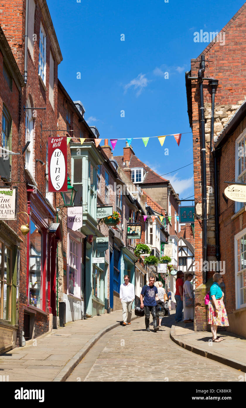 Tourist shops and cafes on Steep Hill Lincoln Lincolnshire GB UK EU Europe Stock Photo