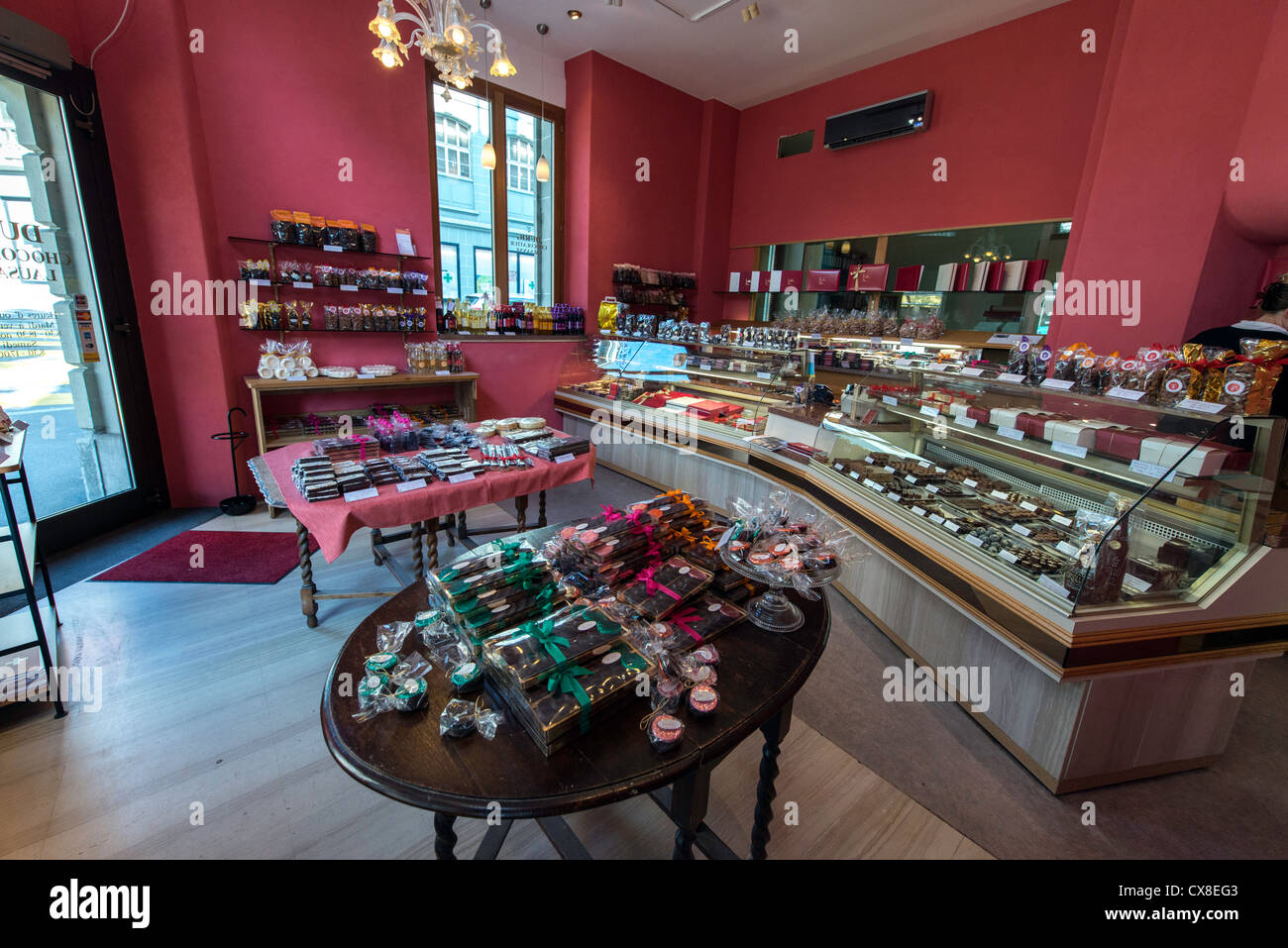Chocolate shop in Lausanne Switzerland Stock Photo