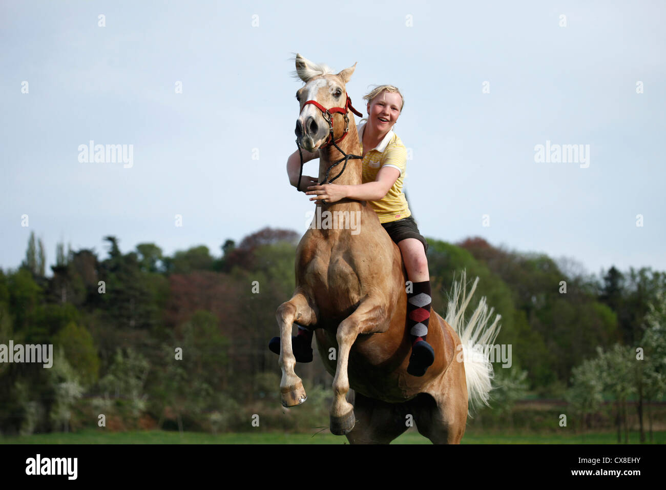 girl rides pony Stock Photo