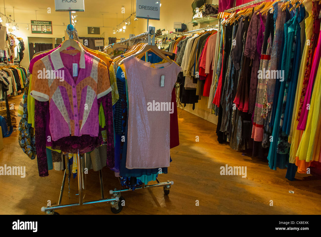 New York, NY, USA,  Vintage CLothes Shop, 'Second Time Around', Clothes Racks inside Shop on Sullivan St., fast fashion Stock Photo