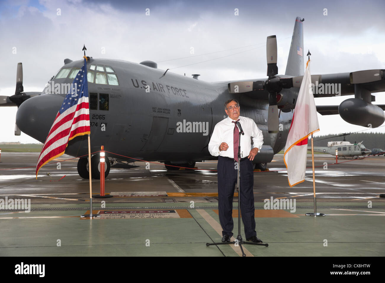 Secretary of Defense Leon E. Panetta discusses current issues facing the U.S. military during his visit to Yokota Air Base, Sept. 17, 2012. Panetta is slated to travel to China and New Zealand following his visit at Yokota. Stock Photo