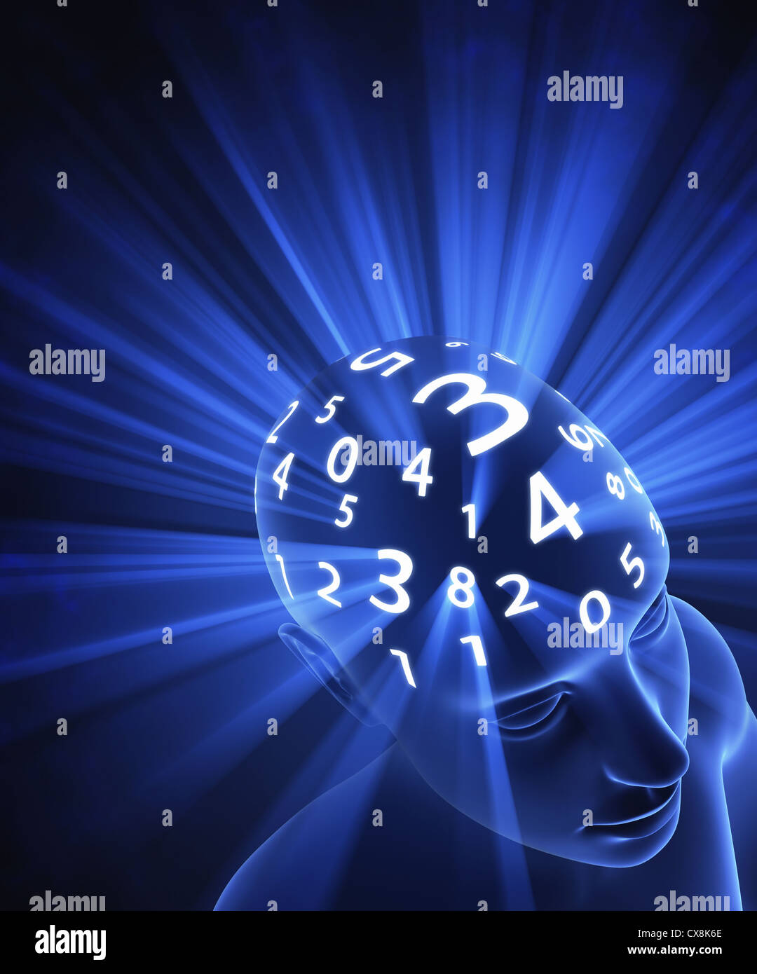 The head is thinking in numbers. The light represents the energy, the power of mind in the processing. Stock Photo