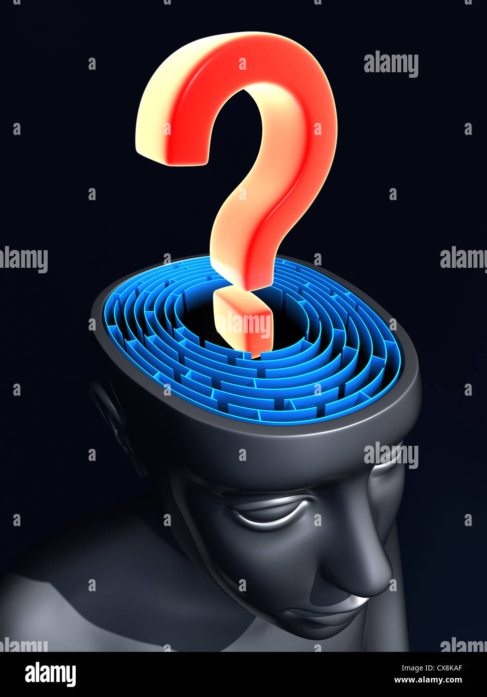 Question mark on the center of labyrinth inside the head. Concept of confused mind. Stock Photo