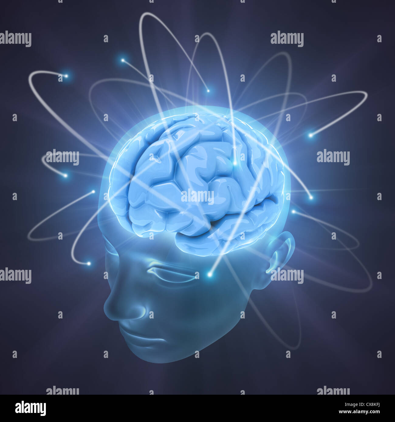 Head illuminated by the energy of the brain. Concept of thinking, the power of mind. Stock Photo