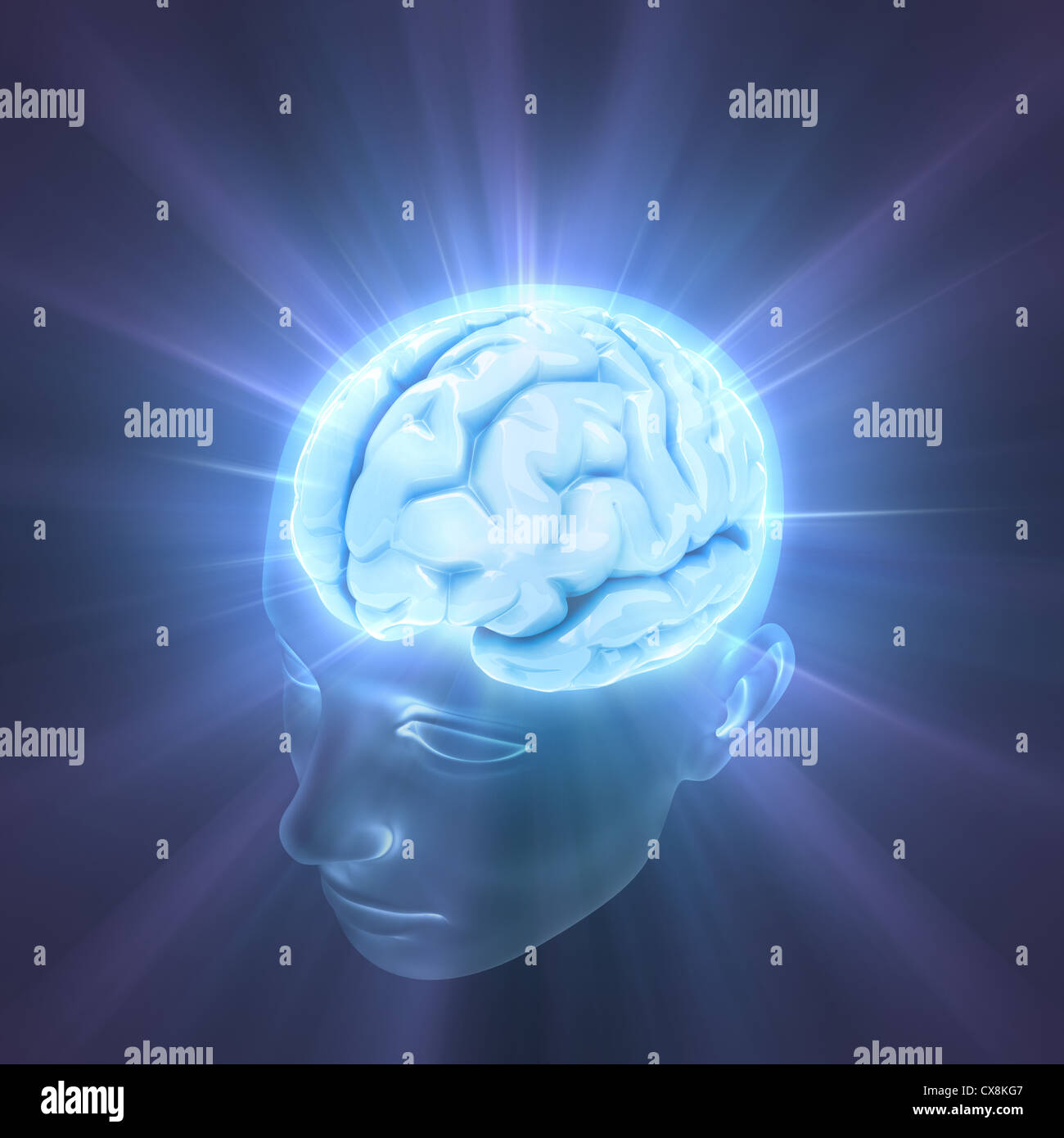 Head illuminated by the energy of the brain. Concept of thinking, the power of mind. Stock Photo