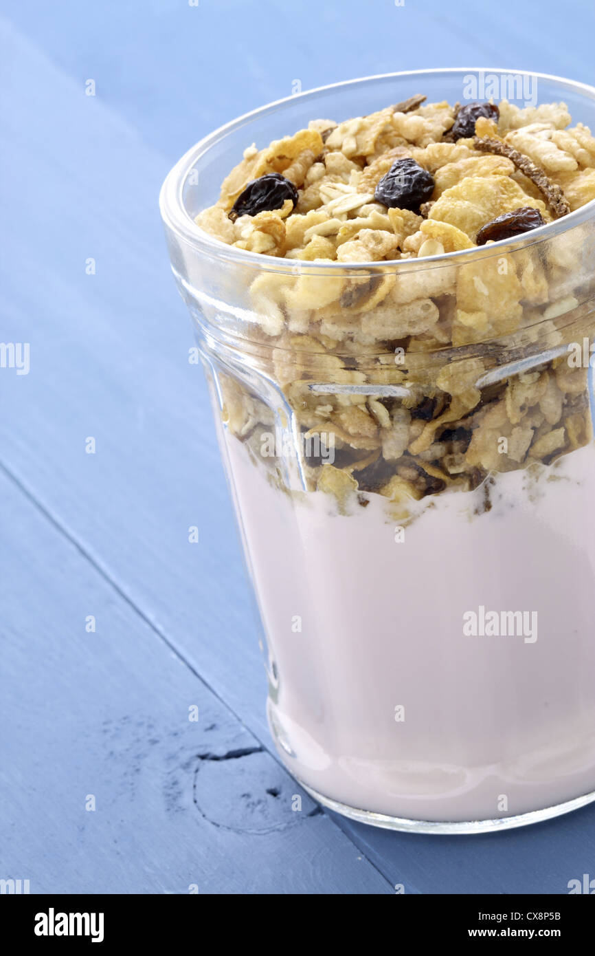 Fresh, healthy and delicious yogurt parfait in vintage French jar, the perfect breakfast, snack or dessert. Stock Photo