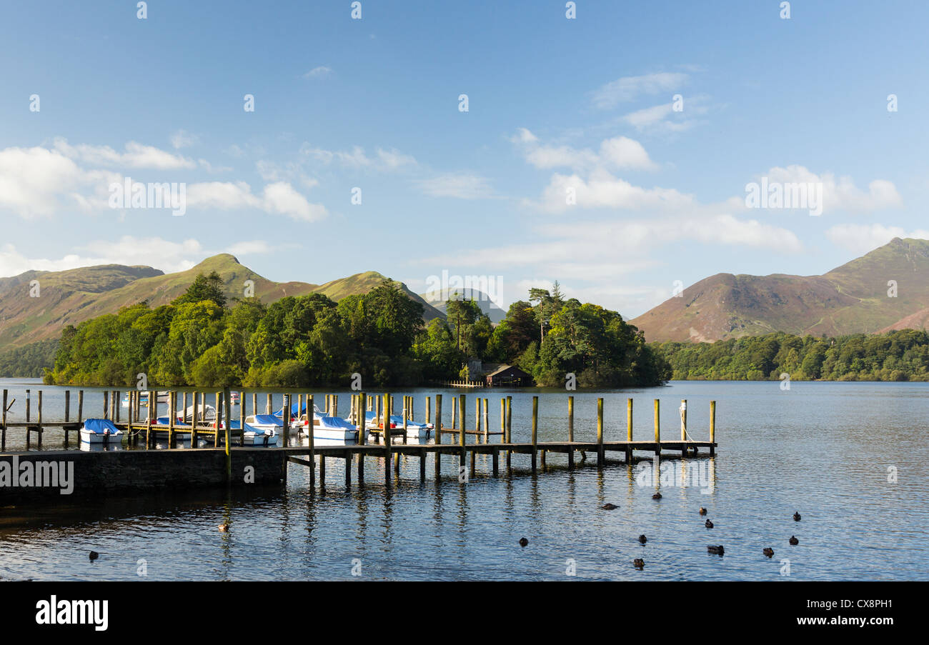 Piers and boats on edge of Derwentwater in English Lake District in