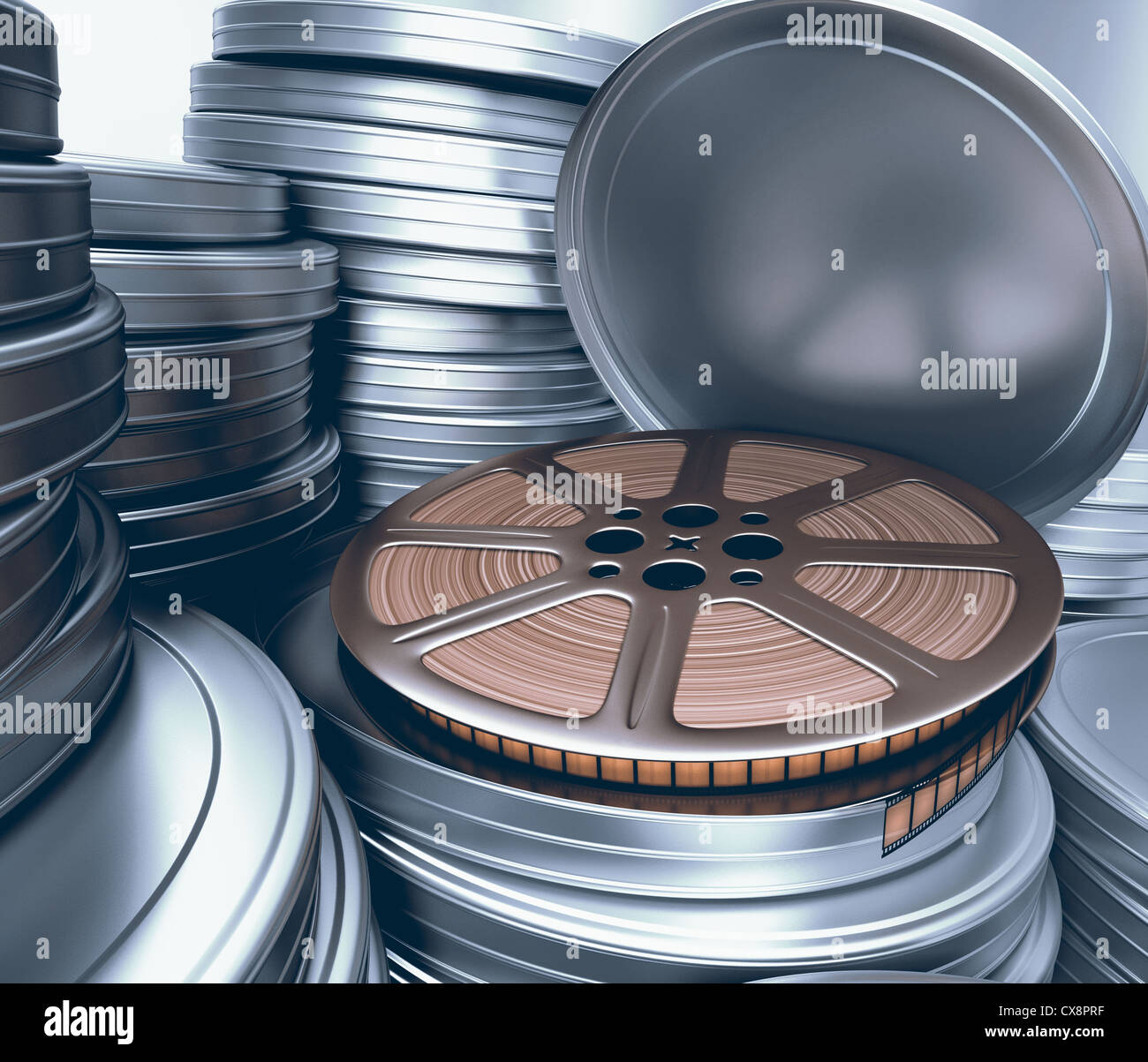 Chrome boxes of film reel. You can put your title of movie, text and the logotype on the cover. Stock Photo