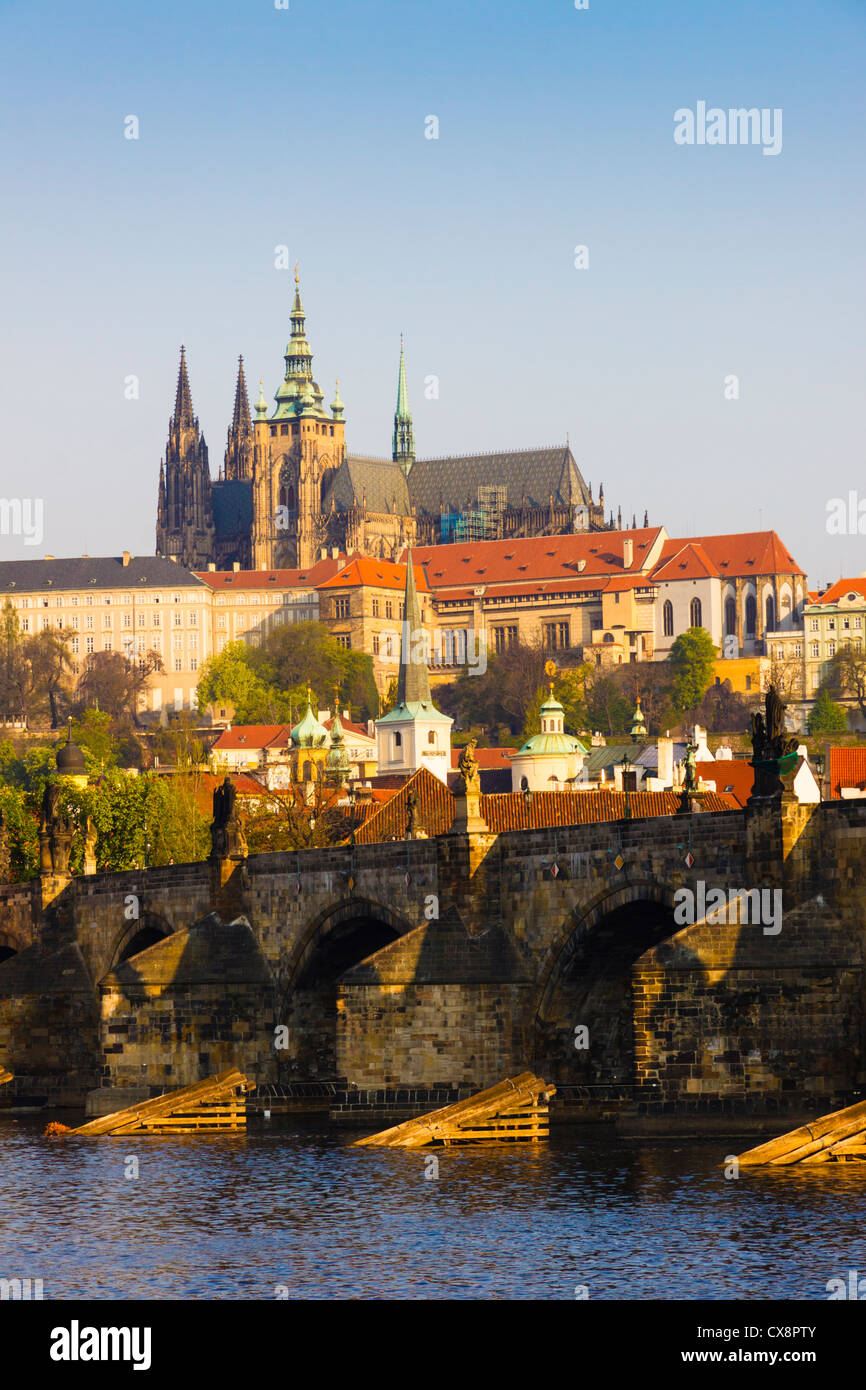 Charles Bridge, Castle and St Vitus Cathedral at dawn. Prague, Czech Republic Stock Photo