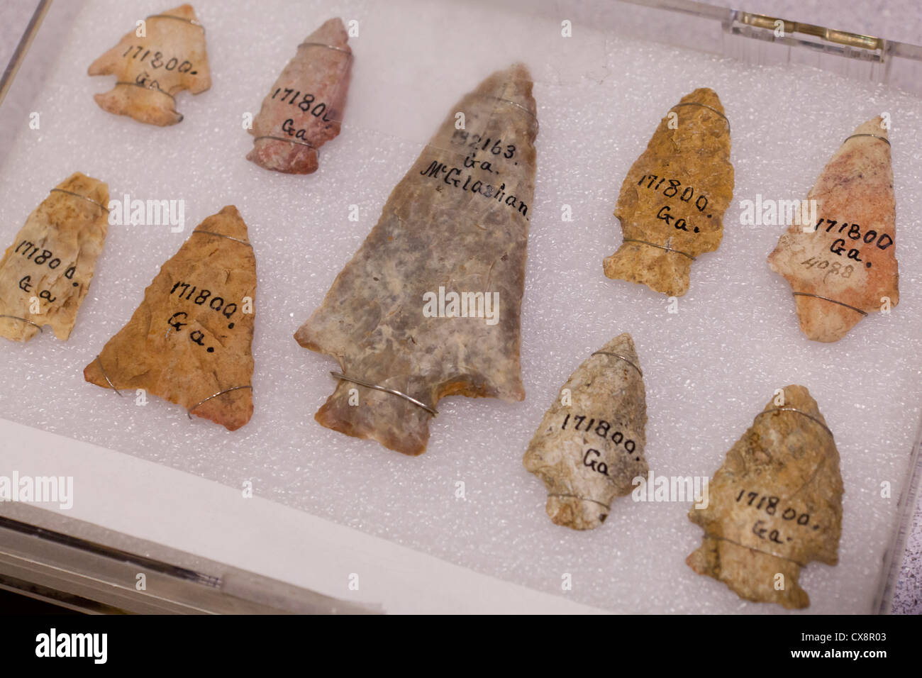Ancient stone arrowheads in display case Stock Photo