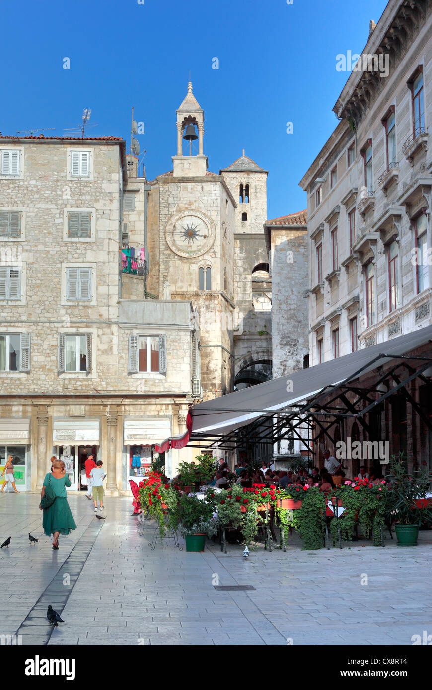 Clock tower and West Gate, Narodni Trg, Split, Dalmatia, Croatia Stock Photo