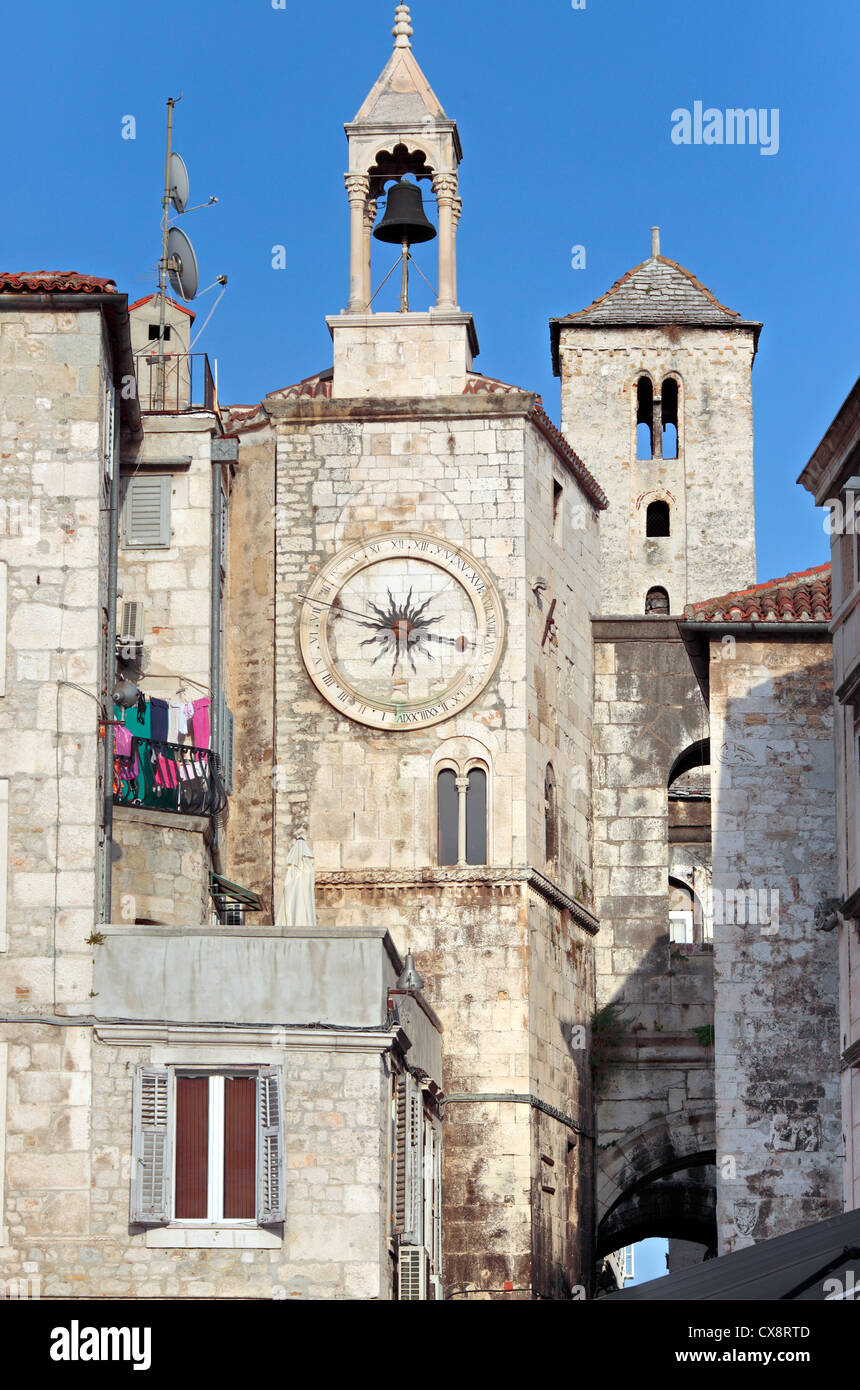 Clock tower and West Gate, Narodni Trg, Split, Dalmatia, Croatia Stock Photo