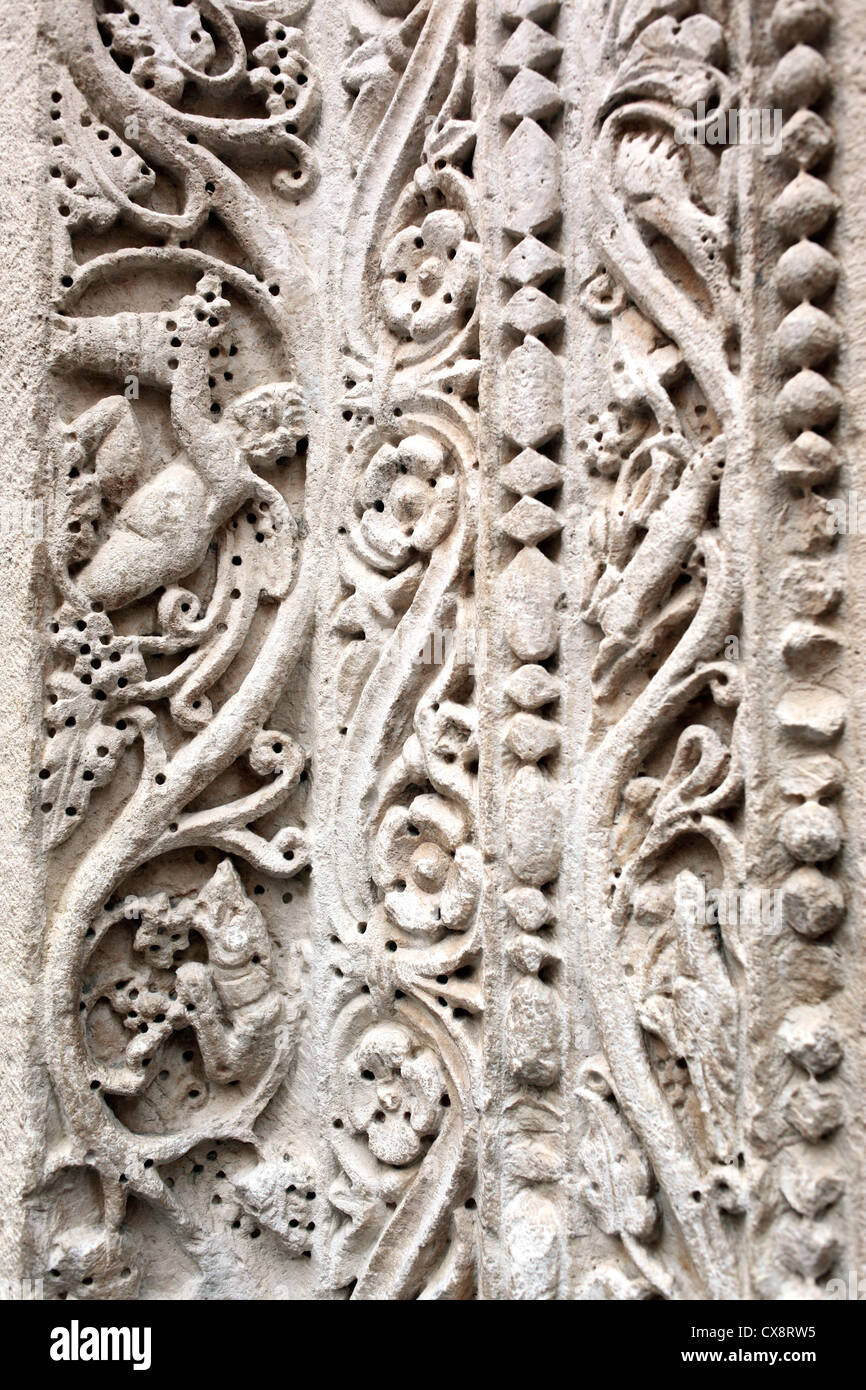 Stone carving at the entrance to the temple of Jupiter, now Baptistry of St John, Split, Dalmatia, Croatia Stock Photo