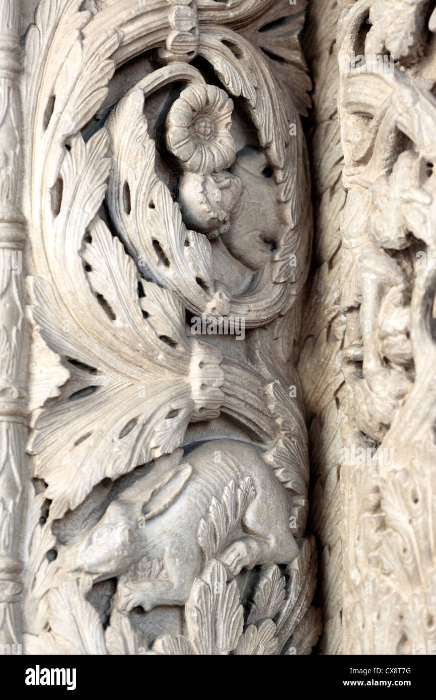 Romanesque portal by master sculptor Radovan (1240s), cathedral of St. Lawrence, Trogir, Dalmatia, Croatia Stock Photo