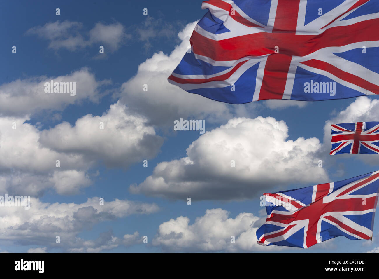 Union Jack flags and summer sky Stock Photo