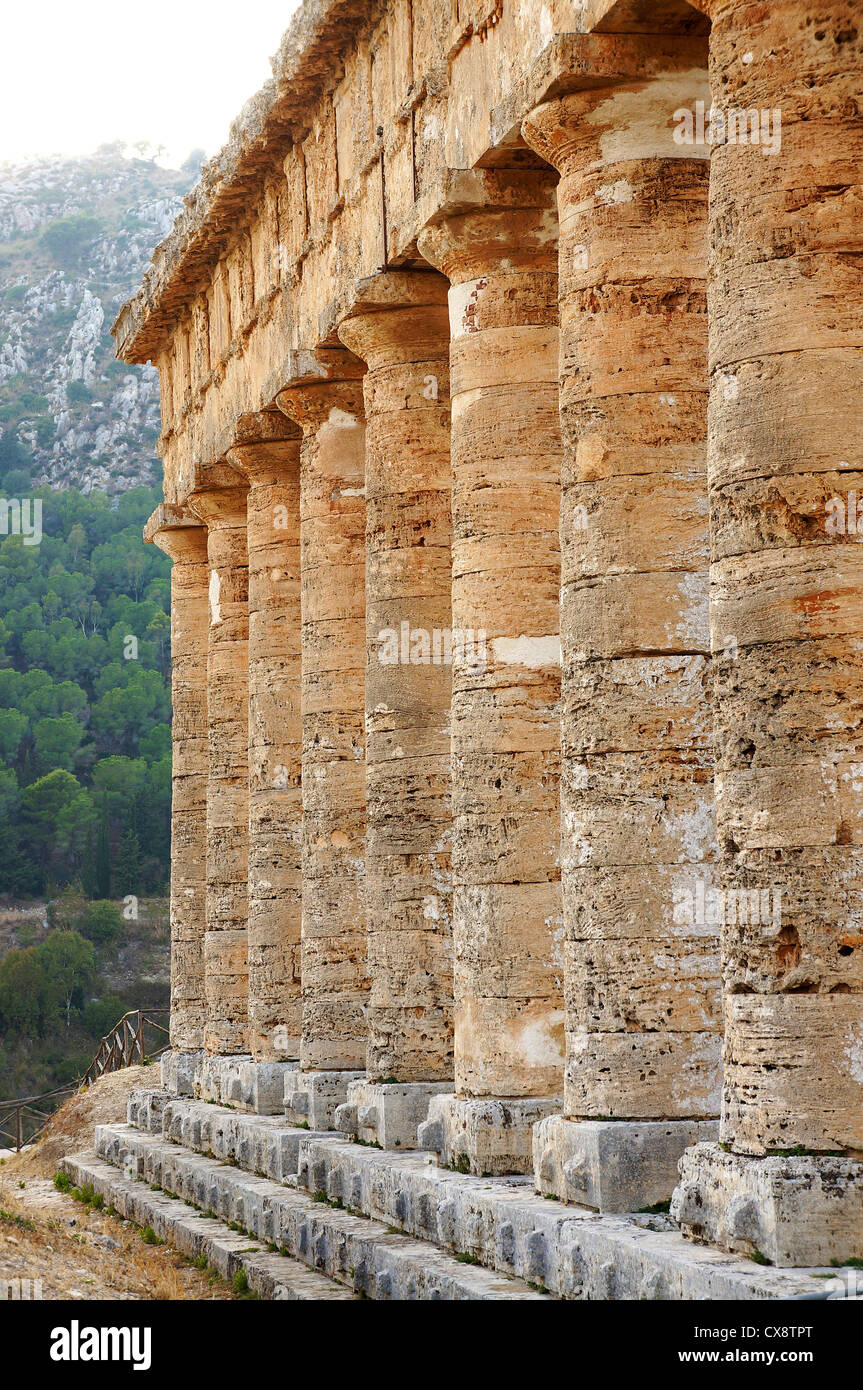 View of the monumental colonnade of the greek temple of Segesta in Sicily Stock Photo