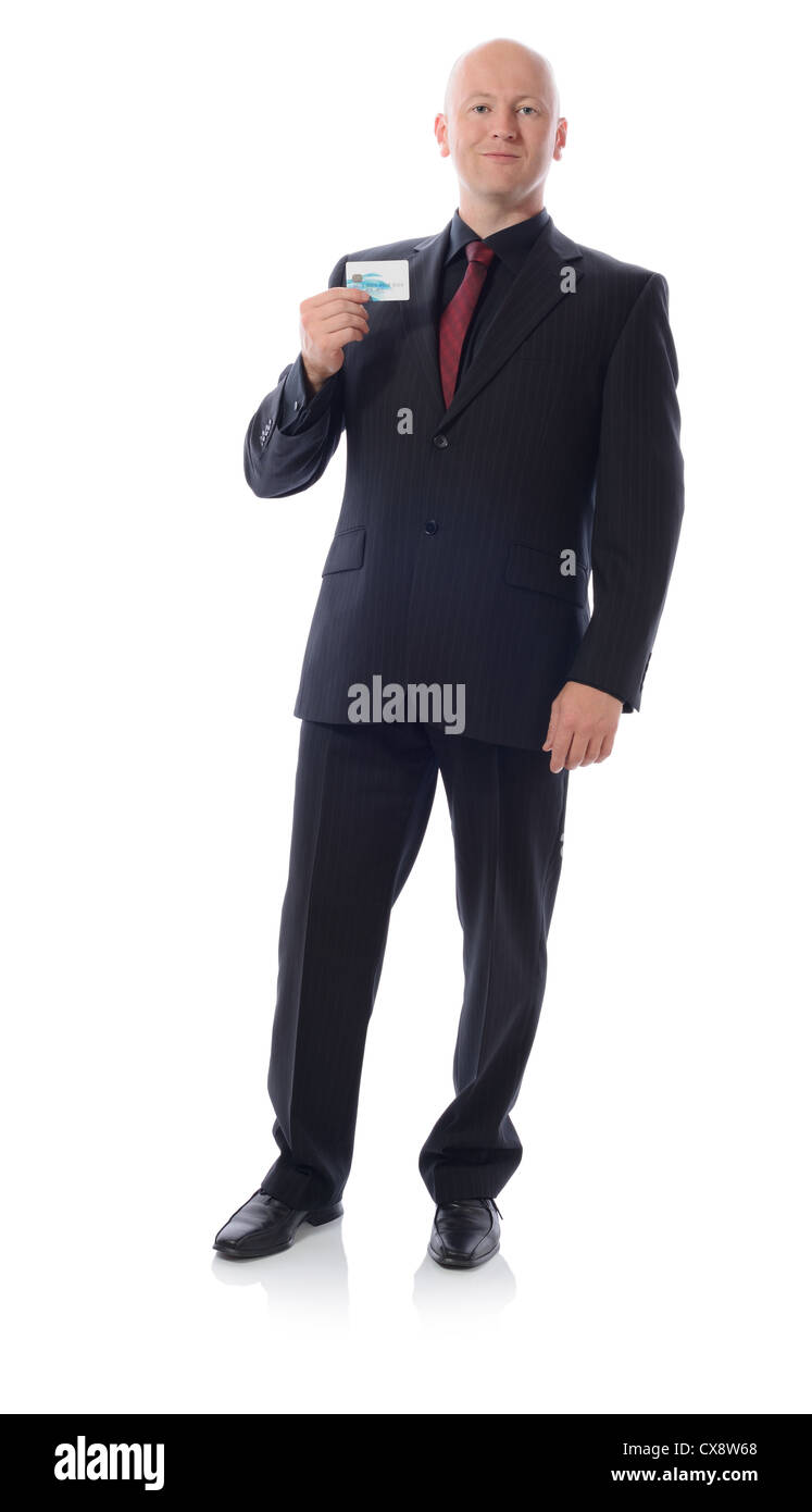 man in suit holding credit card isolated on white Stock Photo