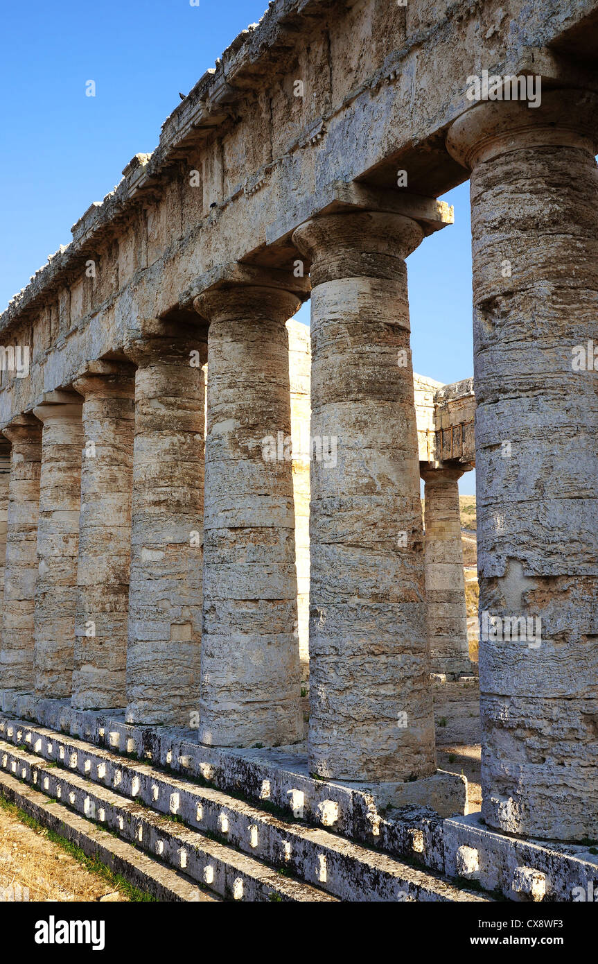 View of the monumental colonnade of the greek temple of Segesta in Sicily Stock Photo