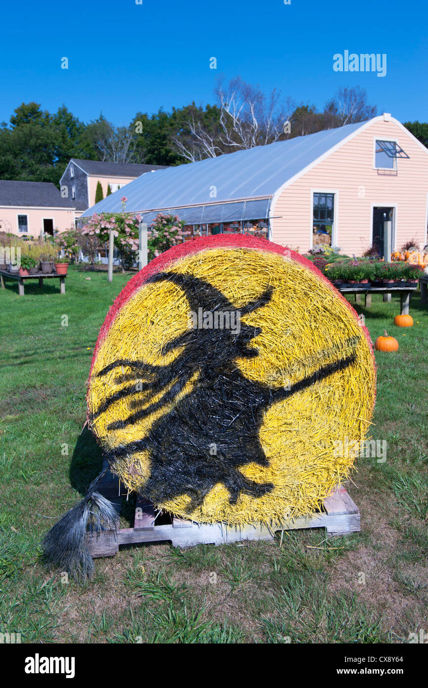 Hay Bale Decorated With The Image Of A Witch For Halloween Stock