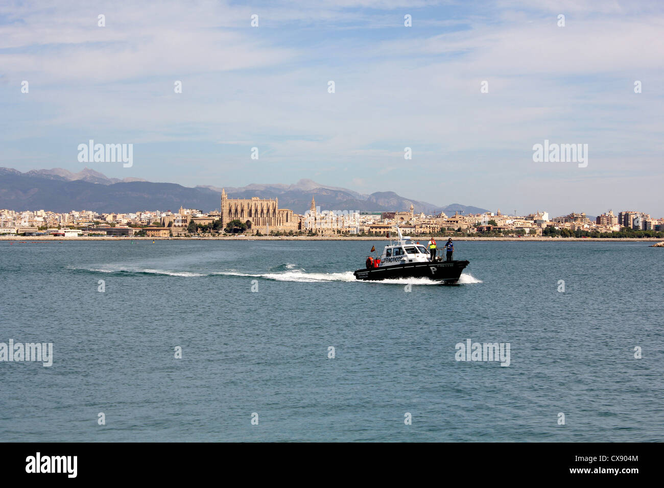 Practicos / Port Pilot launch with historic Palma Cathedral behind in the Port of Palma de Mallorca / Majorca, Balearic Isl;ands Stock Photo